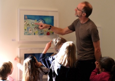 Here Michael is asking the kids to check out how Niamh Sharkey has drawn her cow, hen and rabbit - animals which appear in several of the images in the show.